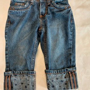Girls sz 6 dark blue denim cuffed jeans with heart trim & gold stitching